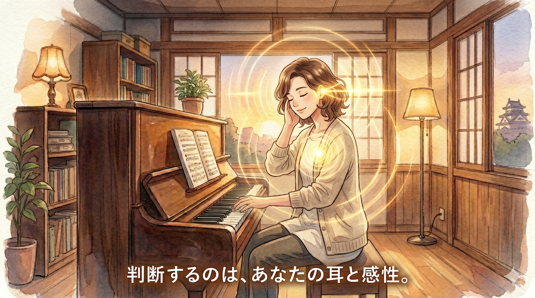暖かな光の差し込む部屋で、女性がアップライトピアノに向かい、目を閉じて自分の耳や胸に手を添えて内側の音に耳を傾ける水彩アニメ風イラスト。耳と胸から黄金の光が広がり、下部中央に「判断するのは、あなたの耳と感性。」の白いテキスト。