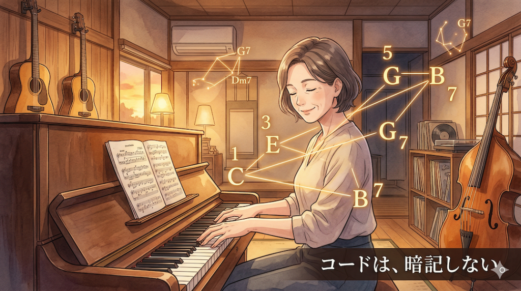 温かみのある水彩画風のイラスト。スタジオで楽器を弾く大人の頭上に、アルファベットの音名（C, E, G, B）と度数（1, 3, 5, 7）が美しい光の星座のように線で繋がって浮かび上がっている。コードを「手の形」で丸暗記するのではなく、音程とロジックで論理的に理解し、音楽の構造（地図）を読み解く喜びを視覚化している。画像右下には「コードは、暗記しない。」というテキストが書かれている。