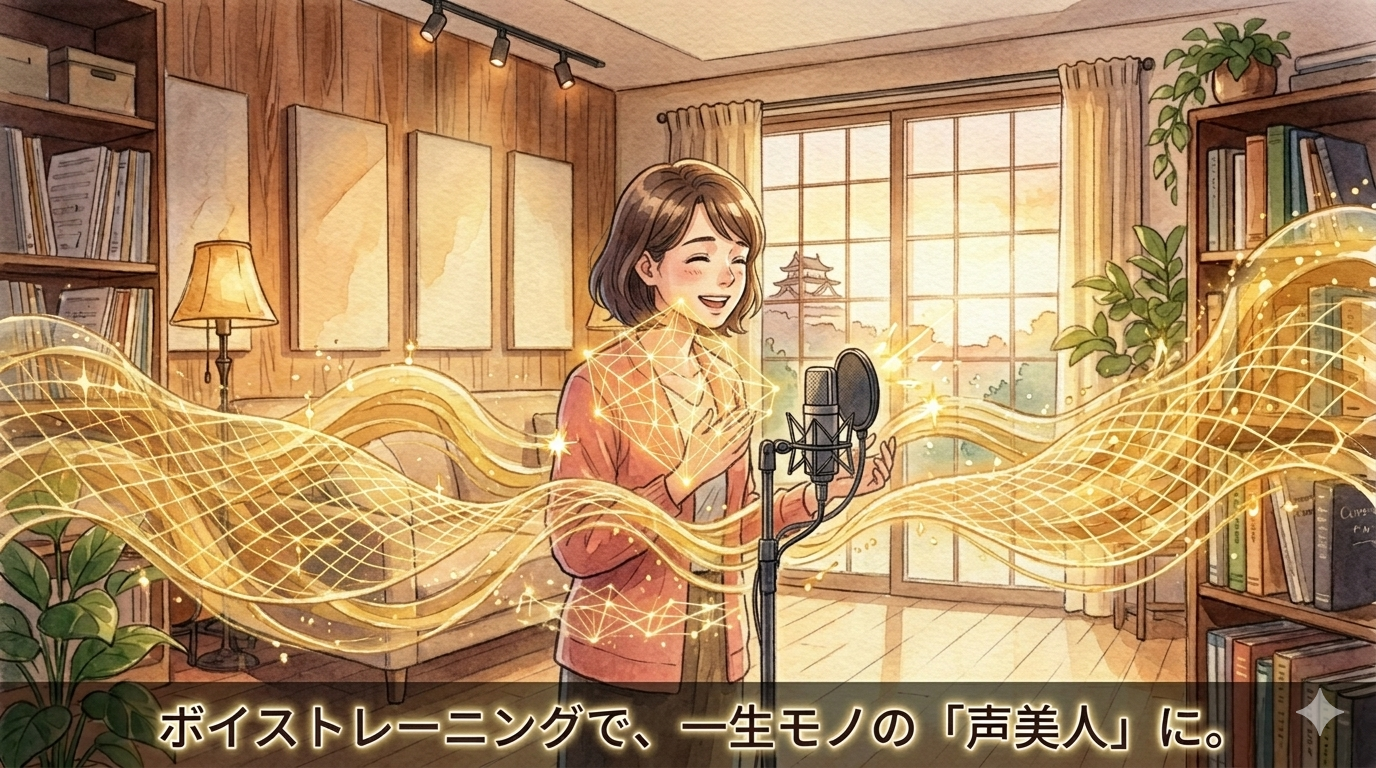 温かみのある音楽スタジオで、大人の女性が笑顔でマイクに向かって立ち、ボイストレーニングをしている水彩画風イラスト。彼女の胸元や声からは黄金の光の波や網目模様（ビートとパルス）が空間全体に美しく広がり、声の豊かな響きと自信を表現している。窓の外には岸和田城が見える。下部に「ボイストレーニングで、一生モノの『声美人』に。」というテキストがある。