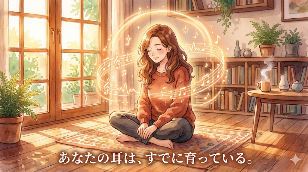 暖かな陽光が差し込む木床の部屋で、女性が目を閉じて床に座り、体の周りを黄金の音符と光の輪が包んでいる水彩アニメ風イラスト。本棚や観葉植物が並ぶ穏やかな空間で、下部中央に「あなたの耳は、すでに育っている。」の白いテキスト。