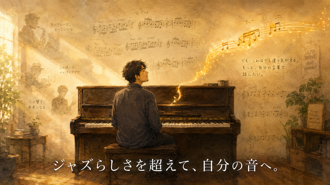 暖かな光の部屋で、大人の男性が一台のアップライトピアノの前に座り、学んだフレーズが本当に自分の音になっているかを確かめるように鍵盤へ耳を澄ませている水彩アニメ風イラスト。鍵盤の上には似た形の黄金のフレーズがいくつか漂い、その中の一つがやわらかく曲がって個人的な響きへ変わり、下部中央に「ジャズらしさを超えて、自分の音へ。」という白い文字が入っている。