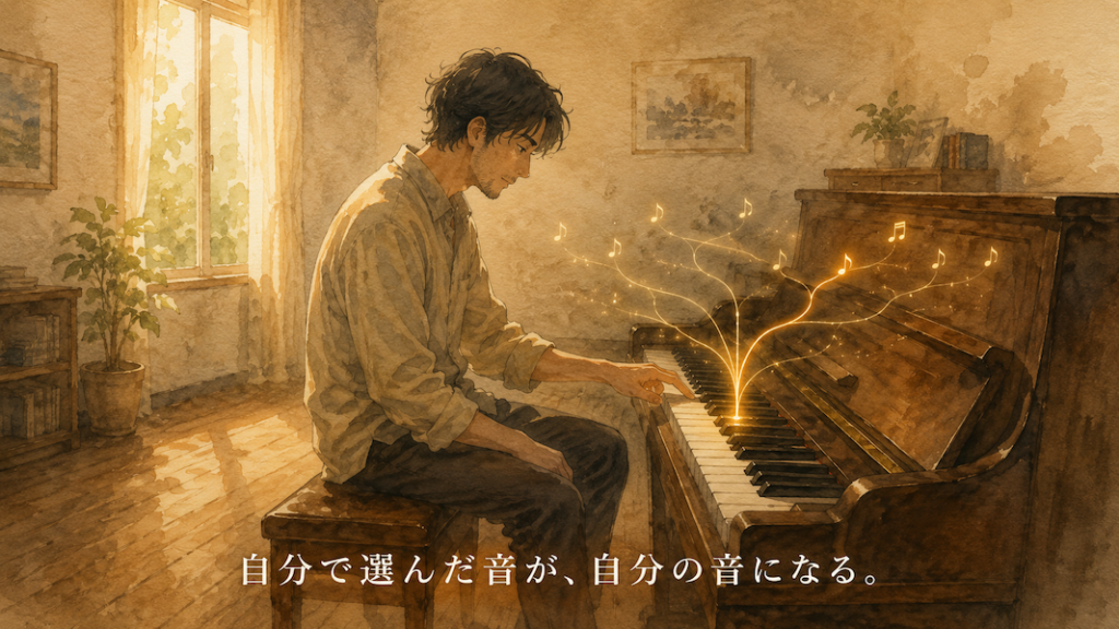 暖かな光の部屋で、大人の男性が一台のアップライトピアノの前に静かに座り、自分にとって納得できる一音を探すように鍵盤へ手を添えている水彩アニメ風イラスト。鍵盤の上には複数の黄金の光の道が淡く浮かび、その中の一つが少しあたたかく輝き、下部中央に「自分で選んだ音が、自分の音になる。」という白い文字が入っている。
