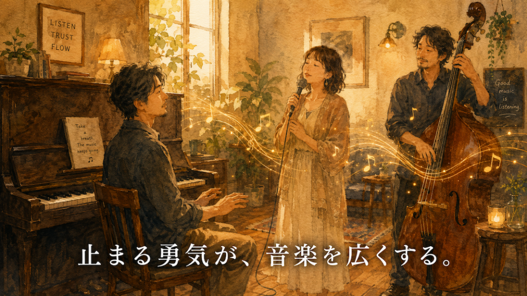暖かな光の部屋で、大人の演奏者たちが静かにセッションしている水彩アニメ風イラスト。中央の男性は一台のアップライトピアノの前で手を鍵盤から少し離し、周りの音に耳を澄ませている。歌う女性やベース奏者の音が黄金の糸のようにつながり、下部中央に「止まる勇気が、音楽を広くする。」という白い文字が入っている。