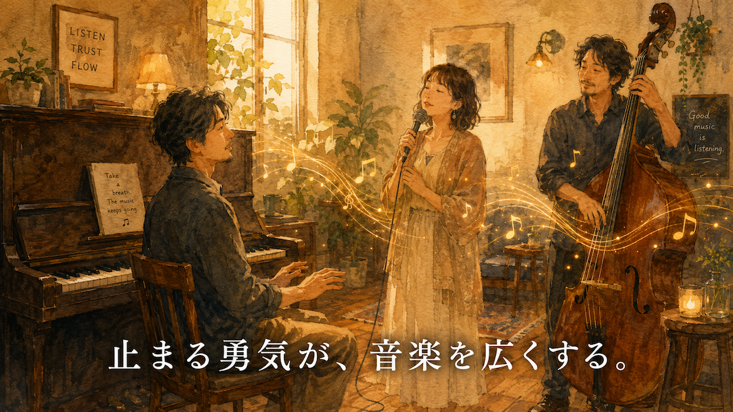 暖かな光の部屋で、大人の演奏者たちが静かにセッションしている水彩アニメ風イラスト。中央の男性は一台のアップライトピアノの前で手を鍵盤から少し離し、周りの音に耳を澄ませている。歌う女性やベース奏者の音が黄金の糸のようにつながり、下部中央に「止まる勇気が、音楽を広くする。」という白い文字が入っている。