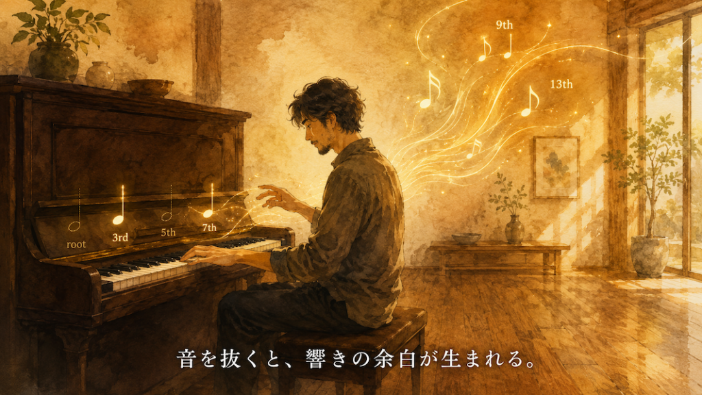 暖かな光の部屋で、大人の男性が一台のアップライトピアノの前に座り、左手で少ない音を弾きながら右手でアドリブの余白を探している水彩アニメ風イラスト。低音域には3rdと7thを示す淡い黄金の音が光り、rootや5thは透明な余白として表現され、そこから9thや13thを思わせる黄金の音の糸が広がっている。下部中央に「音を抜くと、響きの余白が生まれる。」という白い文字が入っている。