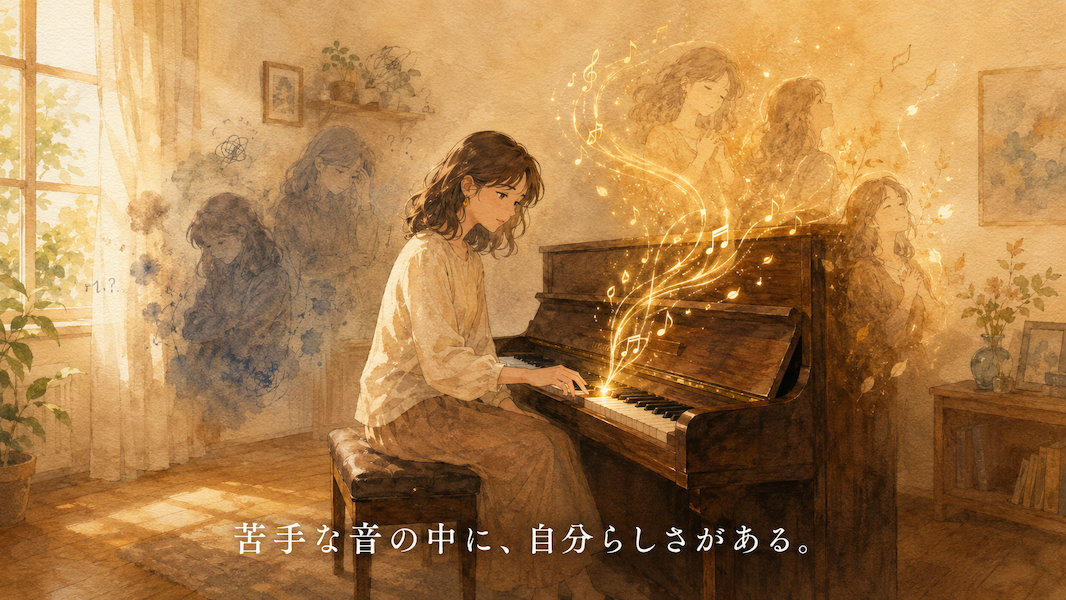 暖かな光の部屋で、大人の女性が一台のアップライトピアノの前に静かに座り、苦手だと思っていた音に耳を澄ませるように鍵盤へ手を添えている水彩アニメ風イラスト。少し不揃いな一音から小さな黄金の光が立ち上がり、音の糸や淡い音符へ変わっていき、下部中央に「苦手な音の中に、自分らしさがある。」という白い文字が入っている。
