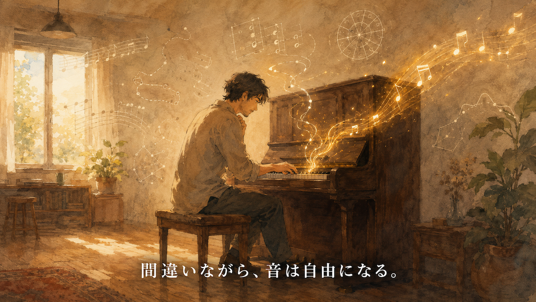 暖かな光の部屋で、大人の男性が一台のアップライトピアノの前に座り、完璧に演奏するのではなく、試行錯誤しながら音を探している水彩アニメ風イラスト。鍵盤からいくつもの黄金の音の道が立ち上がり、曲がったり消えたりしながら、その一つが少しずつ明るくなっていく。周囲には理論やコードを思わせる淡い記号が地図のように浮かび、下部中央に「間違いながら、音は自由になる。」という白い文字が入っている。