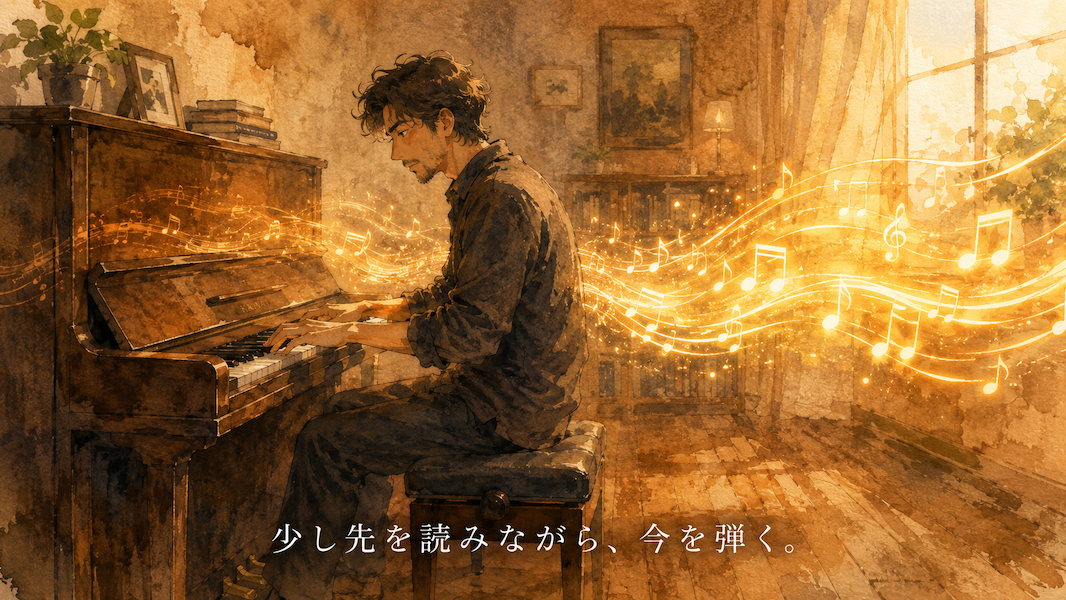 暖かな光の部屋で、男性がピアノで即興演奏しながら、過去の音と未来の音を示す黄金の光の軌跡が前後に広がる水彩アニメ風イラスト。下部中央に「少し先を読みながら、今を弾く。」の白いテキスト。