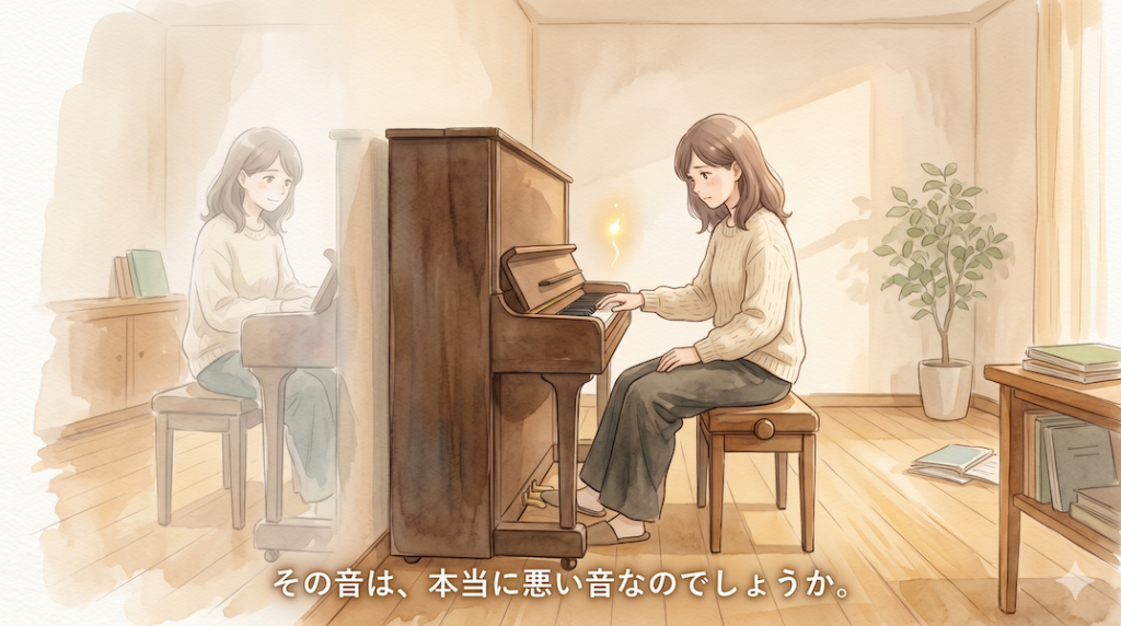 暖かな光の部屋で、大人の女性が一台のアップライトピアノの前に静かに座り、自分の音を責めずに聴き直すように鍵盤へ手を添えている水彩アニメ風イラスト。鍵盤から小さな黄金の光がゆっくり立ち上がり、そばには自分自身の内面を表す淡い影がやさしく浮かび、下部中央に「その音は、本当に悪い音なのでしょうか。」という白い文字が入っている。