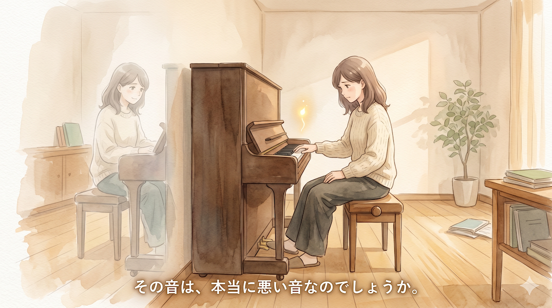 暖かな光の部屋で、大人の女性が一台のアップライトピアノの前に静かに座り、自分の音を責めずに聴き直すように鍵盤へ手を添えている水彩アニメ風イラスト。鍵盤から小さな黄金の光がゆっくり立ち上がり、そばには自分自身の内面を表す淡い影がやさしく浮かび、下部中央に「その音は、本当に悪い音なのでしょうか。」という白い文字が入っている。