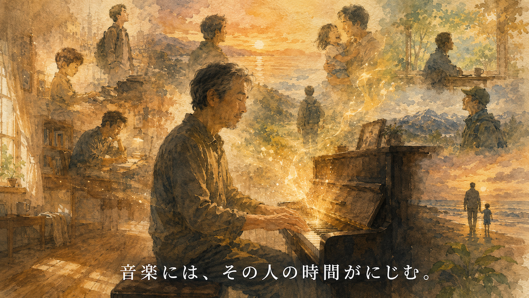 暖かな光の部屋で、50代の男性がアコースティックピアノに向かい目を閉じる水彩アニメ風イラスト。周囲に若い頃の面影や過ごしてきた景色が淡く重なり、鍵盤から黄金の光が昇るように広がり、下部中央に「音楽には、その人の時間がにじむ。」の白いテキスト。