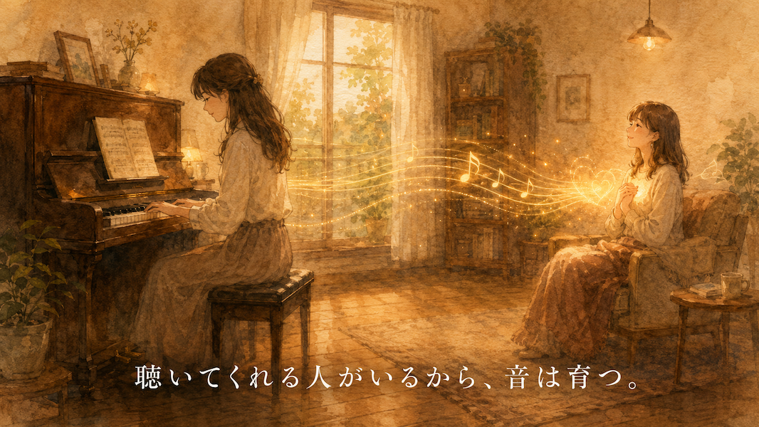 暖かな光の部屋で、大人の女性が一台のアップライトピアノを弾き、向かいにいる聴き手が静かにその音を受け取っている水彩アニメ風イラスト。鍵盤から黄金の音の糸がやさしく伸び、聴き手の近くで少し明るくなり、下部中央に「聴いてくれる人がいるから、音は育つ。」という白い文字が入っている。