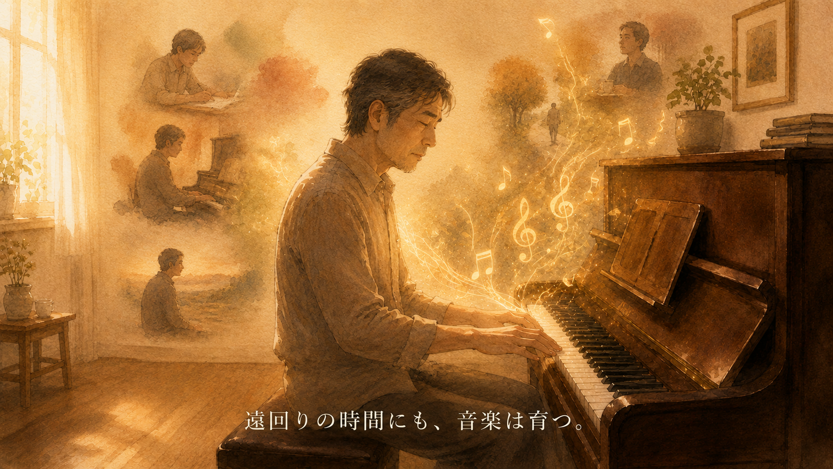 暖かな光の部屋で、50代の男性が一台のアップライトピアノの前に静かに座り、急がずに音を待つように鍵盤へ手を添えている水彩アニメ風イラスト。ピアノの周りには、時間をかけて育つ音楽を表す黄金の音符や光の糸がゆっくり立ち上がり、下部中央に「遠回りの時間にも、音楽は育つ。」という白い文字が入っている。