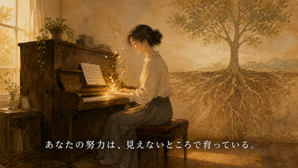 暖かな光の部屋で、女性がピアノの前で疲れながらも手を鍵盤に置き目を閉じる水彩アニメ風イラスト。鍵盤から黄金の光の粒が舞い上がり、背景に深い根を張った木が描かれ、下部中央に「あなたの努力は、見えないところで育っている。」の白いテキスト。