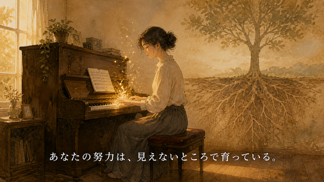 暖かな光の部屋で、女性がピアノの前で疲れながらも手を鍵盤に置き目を閉じる水彩アニメ風イラスト。鍵盤から黄金の光の粒が舞い上がり、背景に深い根を張った木が描かれ、下部中央に「あなたの努力は、見えないところで育っている。」の白いテキスト。