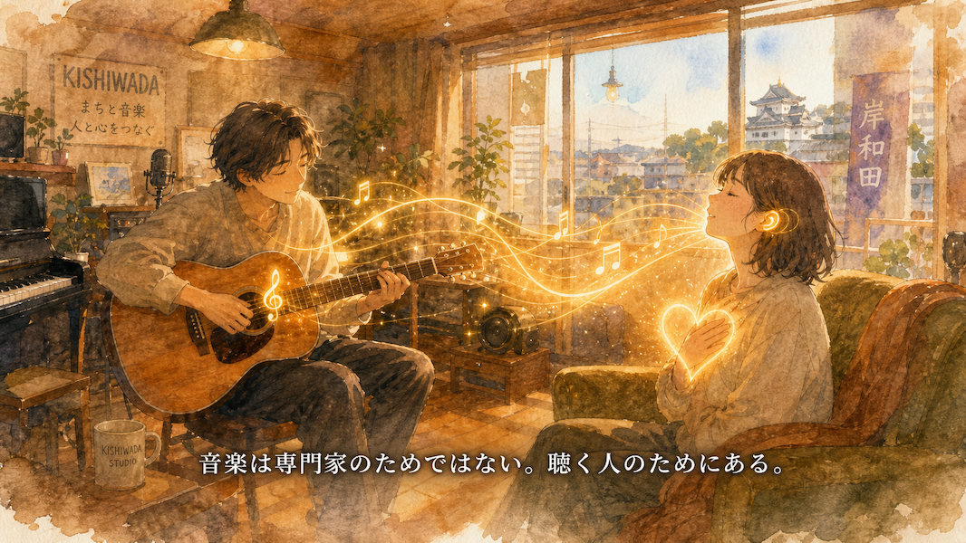温かみのある水彩画風アニメイラスト。岸和田の音楽スタジオで、大人のミュージシャンが穏やかな表情で楽器を演奏している。そのすぐそばで、音楽を専門としていない一般のリスナー（聴く人）が、目を閉じて深く癒やされた様子でその音に耳を傾けている。楽器からは温かい黄金の光の波がリスナーの心へと真っ直ぐに流れており、音楽が聴く人のためにあるというメッセージを表現している。画像下部には「音楽は専門家のためではない。聴く人のためにある。」というテキストがある。