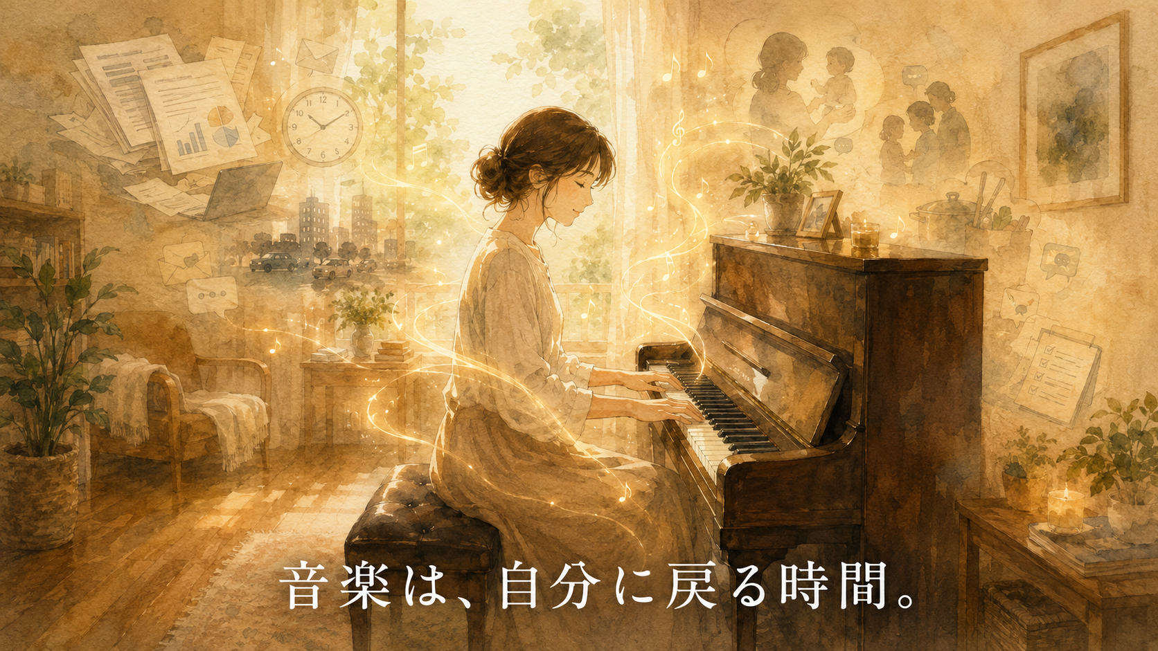 暖かな光の部屋で、大人の女性が一台のアップライトピアノの前に静かに座り、日常の役割を脱いで自分の音に戻るように鍵盤へ手を添えている水彩アニメ風イラスト。周囲には仕事や家庭、時間や情報を思わせる淡い形が光の中に溶け、鍵盤から黄金の響きが立ち上がり、下部中央に「音楽は、自分に戻る時間。」という白い文字が入っている。