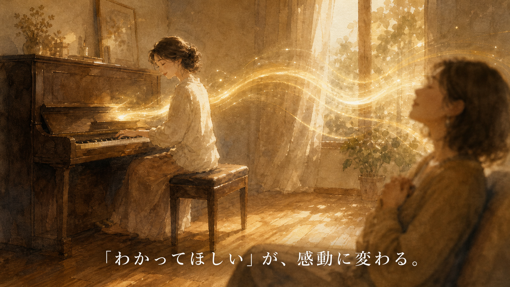 暖かな光の部屋で、女性がピアノで内側の気持ちを音に変えて演奏し、黄金の波が余白を持って広がり、離れた場所で聴く人の心に届く様子を描いた水彩アニメ風イラスト。下部中央に「「わかってほしい」が、感動に変わる。」の白いテキスト。