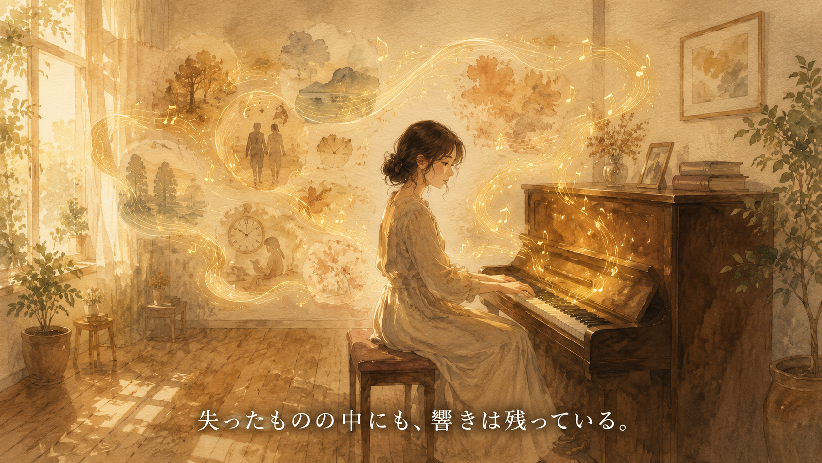 暖かな光の部屋で、大人の女性が一台のアップライトピアノの前に静かに座り、失ったものの響きに耳を澄ませるように鍵盤へ手を添えている水彩アニメ風イラスト。周囲には記憶や時間、いなくなった気配を思わせる淡い光の形が漂い、鍵盤から黄金の響きが立ち上がってそれらを音の糸へ変え、下部中央に「失ったものの中にも、響きは残っている。」という白い文字が入っている。