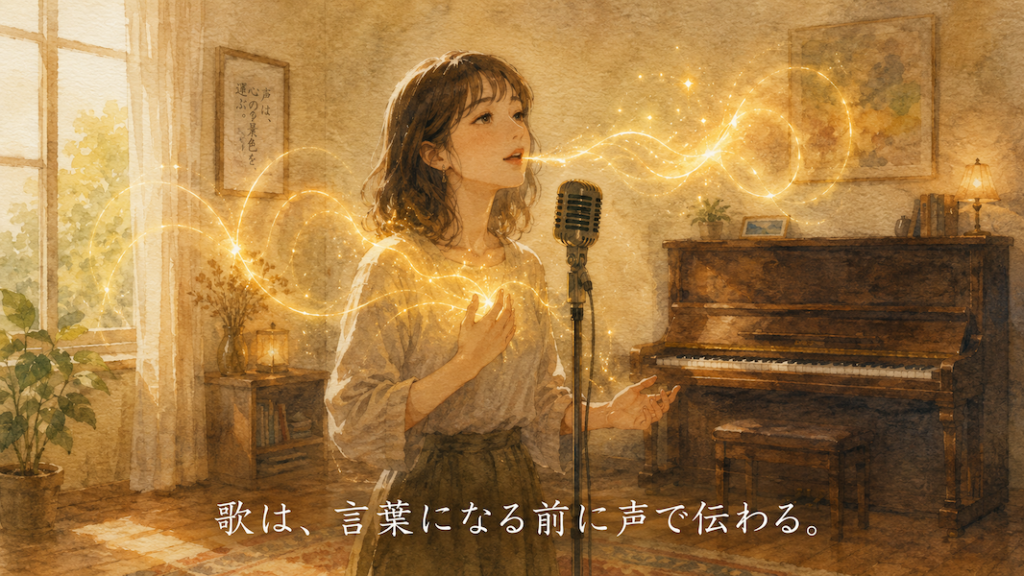 暖かな光の部屋で、大人の女性がヴィンテージマイクの前に立ち、母音の響きと子音の立ち上がりを丁寧に扱いながら歌っている水彩アニメ風イラスト。口元と胸元から丸みのある黄金の光の波が広がり、その始まりに小さな光の粒が子音のように重なり、背景には一台のアップライトピアノが静かに置かれている。下部中央に「歌は、言葉になる前に声で伝わる。」という白い文字が入っている。