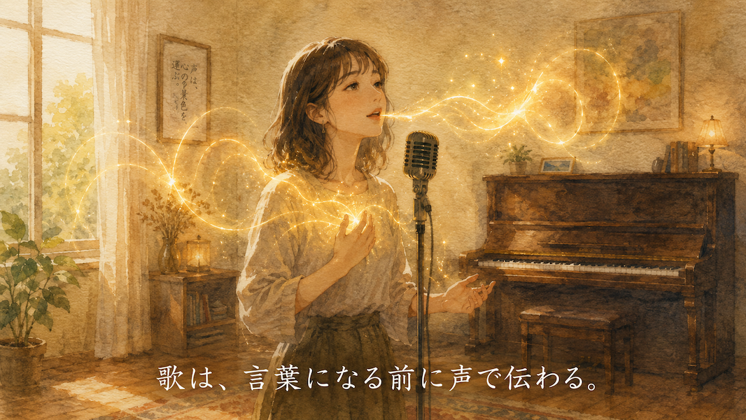 暖かな光の部屋で、大人の女性がヴィンテージマイクの前に立ち、母音の響きと子音の立ち上がりを丁寧に扱いながら歌っている水彩アニメ風イラスト。口元と胸元から丸みのある黄金の光の波が広がり、その始まりに小さな光の粒が子音のように重なり、背景には一台のアップライトピアノが静かに置かれている。下部中央に「歌は、言葉になる前に声で伝わる。」という白い文字が入っている。