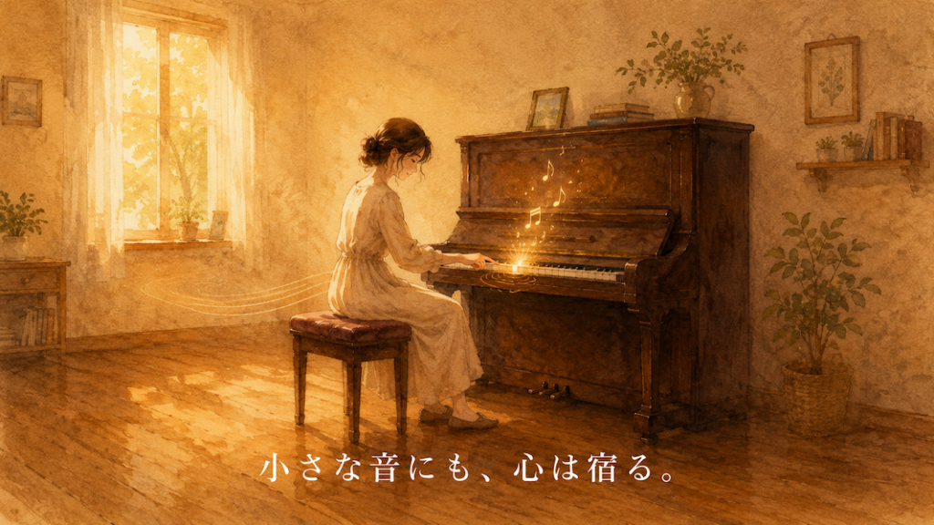 暖かな光の部屋で、大人の女性が一台のアップライトピアノの前に座り、小さな一音を大切に聴くように鍵盤へそっと手を添えている水彩アニメ風イラスト。鍵盤から小さな黄金の光と淡い音符が静かに広がり、下部中央に「小さな音にも、心は宿る。」という白い文字が入っている。