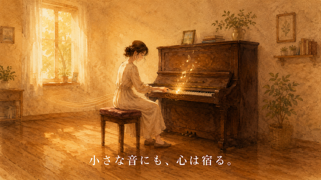 暖かな光の部屋で、大人の女性が一台のアップライトピアノの前に座り、小さな一音を大切に聴くように鍵盤へそっと手を添えている水彩アニメ風イラスト。鍵盤から小さな黄金の光と淡い音符が静かに広がり、下部中央に「小さな音にも、心は宿る。」という白い文字が入っている。