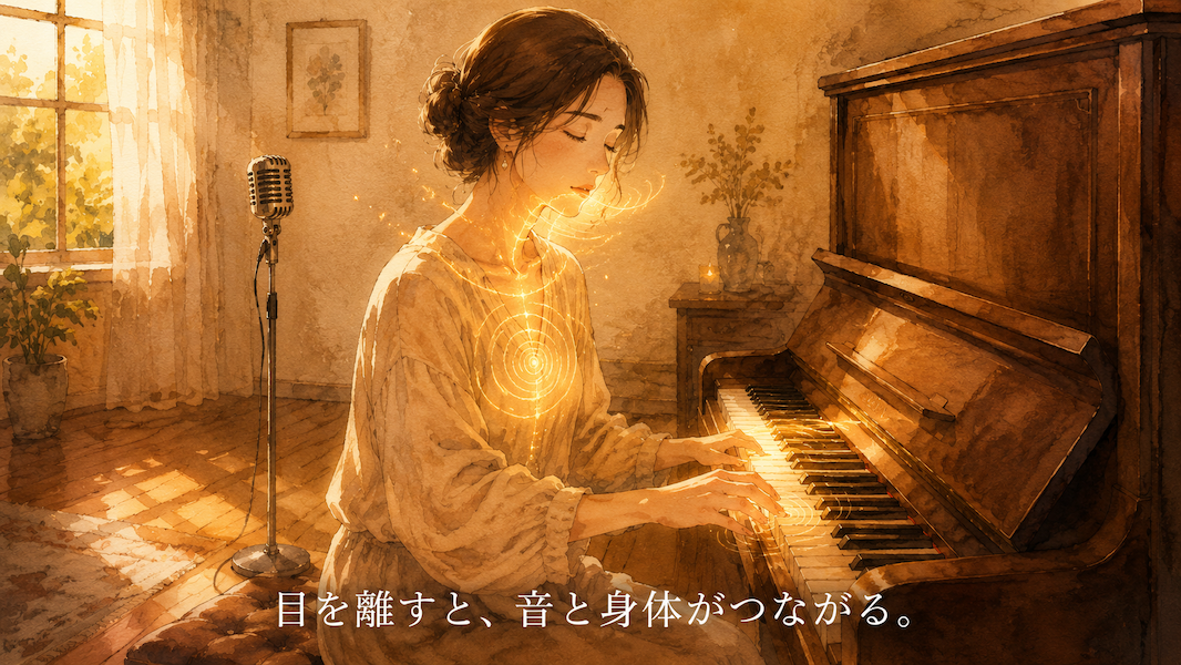 暖かな光の部屋で、大人の女性が一台のアップライトピアノの前に座り、楽譜や歌詞を見ずに目を閉じて鍵盤に触れている水彩アニメ風イラスト。指先から黄金の光の波が広がり、喉元や口元、胸元にも声の響きを思わせる淡い黄金の波が浮かんでいる。部屋にはヴィンテージマイクが静かに立ち、下部中央に「目を離すと、音と身体がつながる。」という白い文字が入っている。