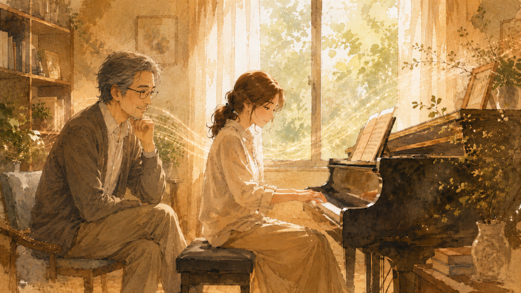 温かな音楽教室で、女性の生徒がピアノを弾き、落ち着いた中年の男性講師がそばで静かに音を聴いている水彩風イラスト。Music Space サヴァサヴァが大切にする、自分の音を聴きながら安心して表現を育てるレッスンの雰囲気を表しています。