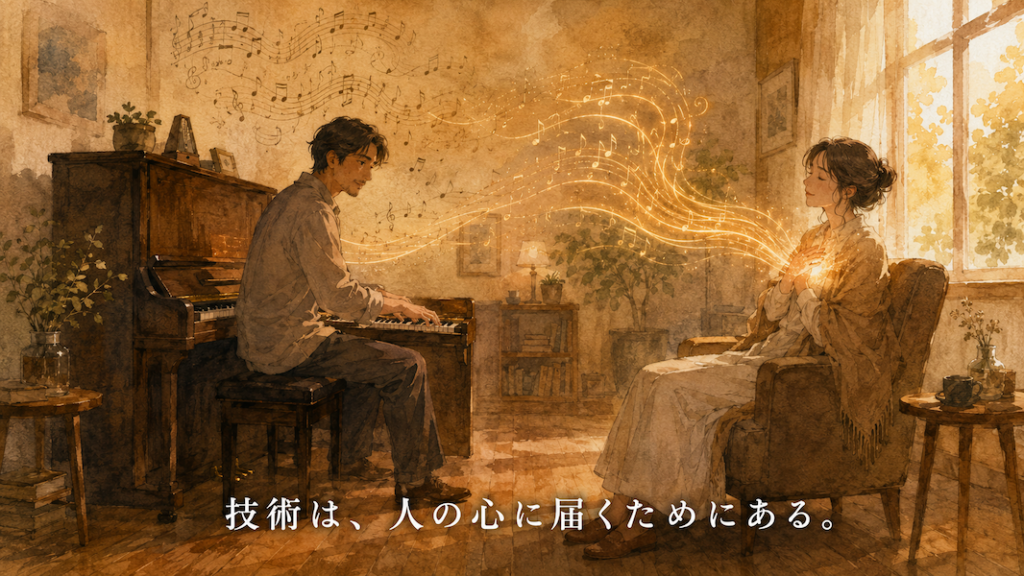 暖かな光の部屋で、大人の男性が一台のアップライトピアノの前に座り、技術を見せつけるのではなく、近くで聴く人の心へ届くように静かに演奏している水彩アニメ風イラスト。ピアノから伸びる黄金の音の糸が聴き手の胸元へやさしく届き、背景には速い音や複雑なハーモニーを思わせる淡い光が、最後には温かな響きへ溶けている。下部中央に「技術は、人の心に届くためにある。」という白い文字が入っている。