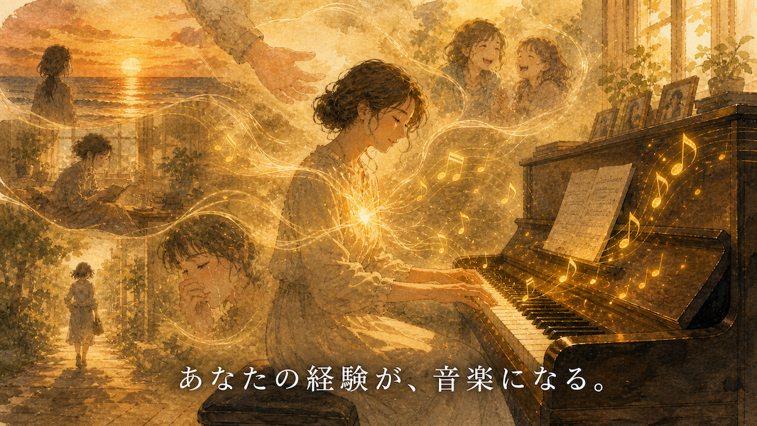 暖かな光の部屋で、女性がアコースティックピアノに向かい目を閉じて演奏する水彩アニメ風イラスト。周囲には夕日、読書する姿、涙ぐむ少女、笑い合う友人など過去の記憶が漂い、それらが胸の光となり鍵盤から黄金の音符として流れ出す。下部中央に「あなたの経験が、音楽になる。」の白いテキスト。