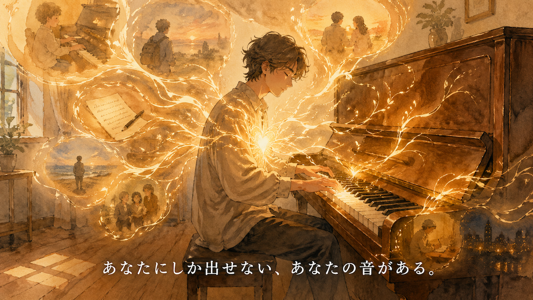 暖かな光の部屋で、大人がピアノに向かい目を閉じて自分自身の音を奏でる水彩アニメ風イラスト。胸から黄金の光が独自の形で広がり、下部中央に「あなたにしか出せない、あなたの音がある。」の白いテキスト。