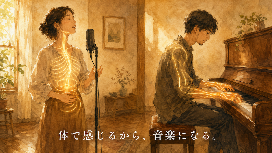 暖かな光の部屋で、左側で女性が歌いながら横隔膜や腹筋の動きが黄金の光で示され、右側で男性がピアノを弾きながら手首や指関節の動きが黄金の光で示される水彩アニメ風イラスト。下部中央に「体で感じるから、音楽になる。」の白いテキスト。