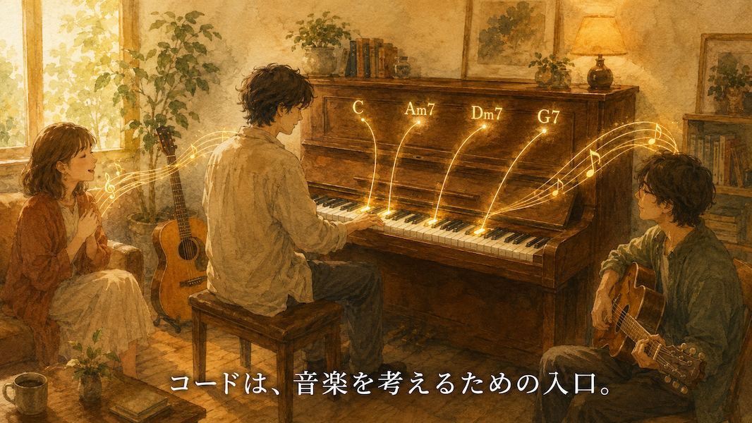 暖かな光の部屋で、大人が一台のアップライトピアノの前に座り、鍵盤の上でコードの響きを確かめている水彩アニメ風イラスト。近くにはギターが置かれ、鍵盤の上にはC、Am7、Dm7、G7などのコード記号と黄金の音の糸が浮かび、歌う人や他の楽器奏者にもつながっている。下部中央に「コードは、音楽を考えるための入口。」という白い文字が入っている。