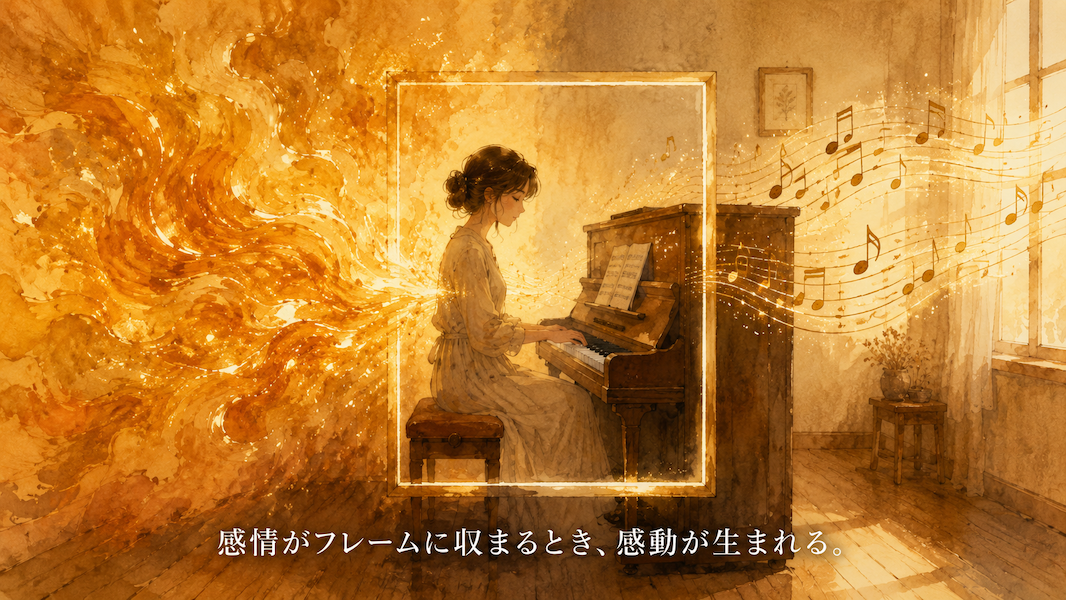 暖かな光の部屋で、女性がピアノを弾く中央を軸に、左側にむき出しの感情を表す渦巻く金色のエネルギーが、右側に音楽というフレームを通って整然とした音符として現れる構図の水彩アニメ風イラスト。下部中央に「感情がフレームに収まるとき、感動が生まれる。」の白いテキスト。