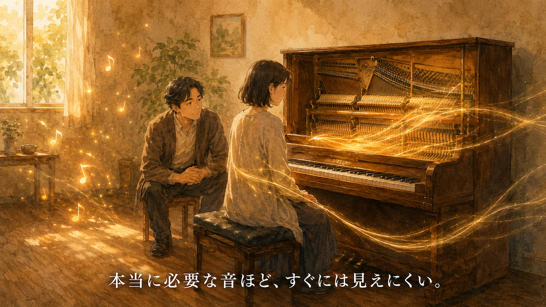 暖かな光の音楽室で、大人の生徒が一台のアップライトピアノの前に座り、派手な演奏ではなく小さな響きに耳を澄ませている水彩アニメ風イラスト。手前には分かりやすいがすぐに消えていく黄金の音の火花があり、奥にはピアノの弦や空気の中から、深く長く残る黄金の音の糸が静かに現れている。下部中央に「本当に必要な音ほど、すぐには見えにくい。」という白い文字が入っている。