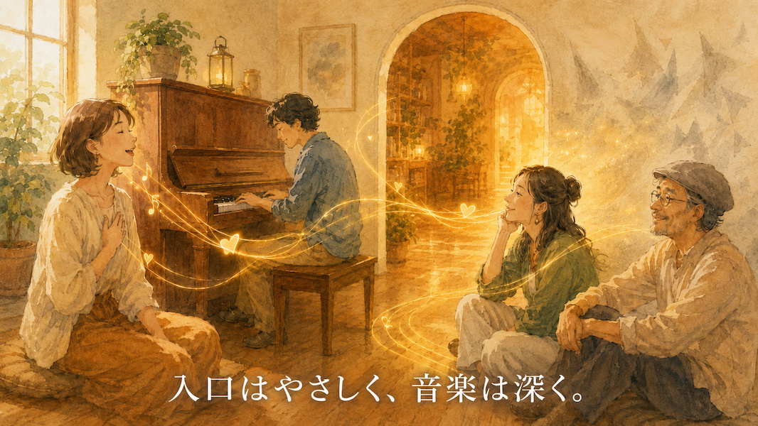 暖かな光の部屋で、年齢の異なる大人たちが一台のアップライトピアノを囲み、ジャズに詳しいかどうかに関係なく音を聴き合いながら音楽を楽しんでいる水彩アニメ風イラスト。人々の耳や心、楽器のあいだを黄金の音の糸がやさしくつなぎ、奥にはさらに深い音楽へ続くような柔らかな光の入口が開いている。下部中央に「入口はやさしく、音楽は深く。」という白い文字が入っている