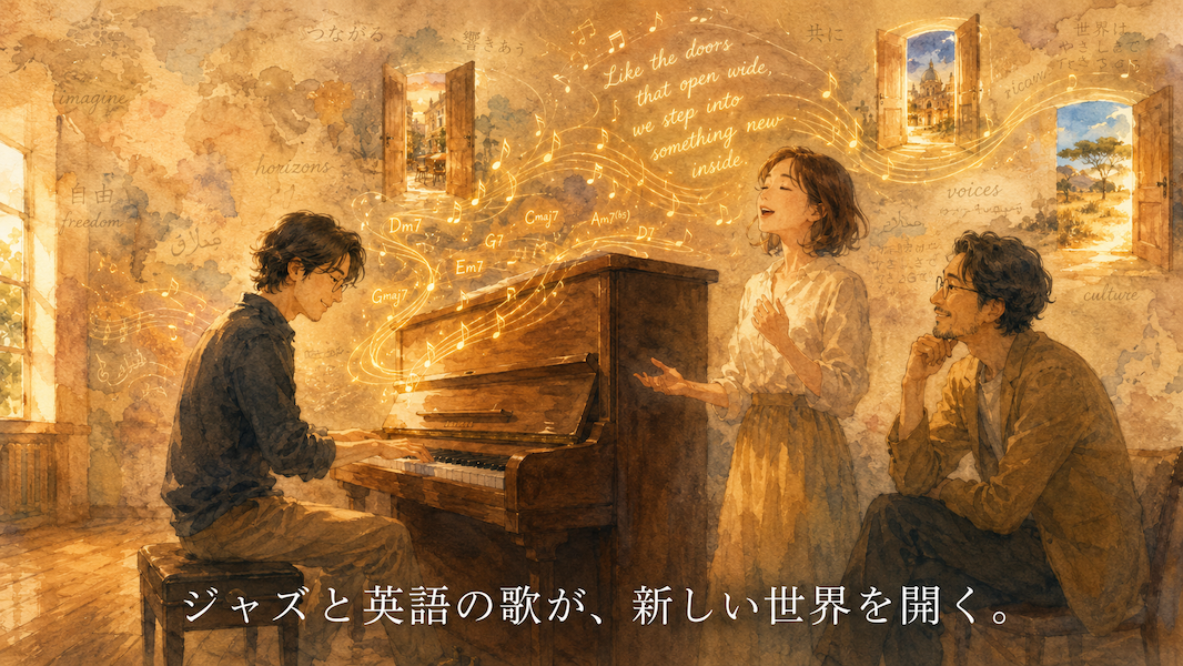 暖かな光の音楽室で、大人の生徒が一台のアップライトピアノで短いジャズのアドリブを弾き、そばで大人の歌い手が英語の歌を静かに歌っている水彩アニメ風イラスト。ピアノと歌声から黄金の音の糸が立ち上がり、ジャズフレーズ、英語の言葉、小さな扉となって広い世界へつながっている。下部中央に「ジャズと英語の歌が、新しい世界を開く。」という白い文字が入っている。
