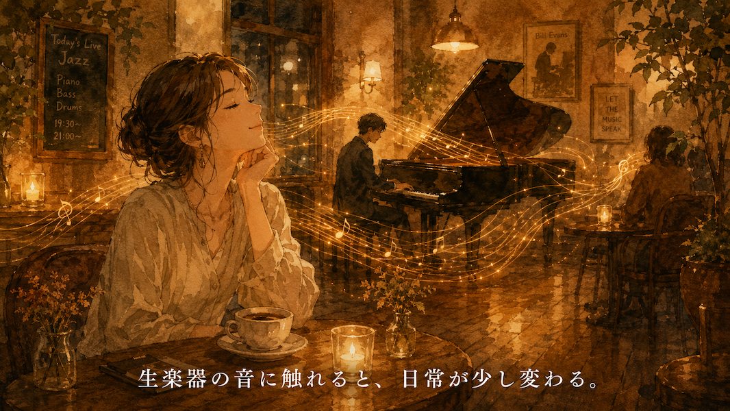 薄暗いジャズカフェで、女性がグラスを前に目を閉じてライブ演奏に耳を傾ける水彩アニメ風イラスト。背景のピアノから黄金の音波が女性を優しく包み、下部中央に「生楽器の音に触れると、日常が少し変わる。」の白いテキスト。