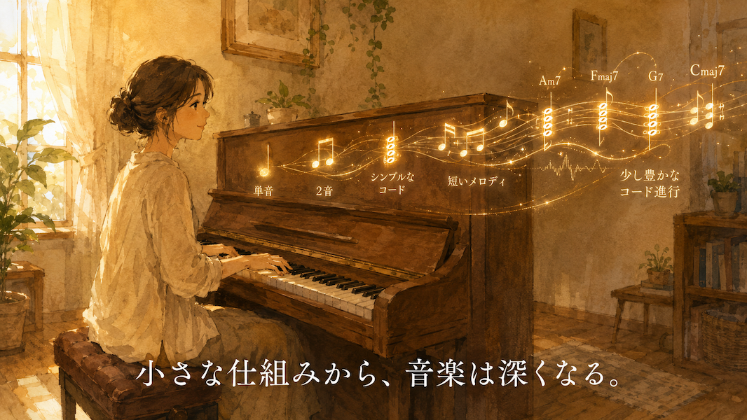 暖かな光の部屋で、大人の女性が一台のアップライトピアノの前に座り、簡単な音楽の仕組みを確かめながら弾いている水彩アニメ風イラスト。鍵盤の上では一つの黄金の音が二つの音、和音、短いメロディ、少し豊かなコード進行へと段階的に広がっている。下部中央に「小さな仕組みから、音楽は深くなる。」という白い文字が入っている。