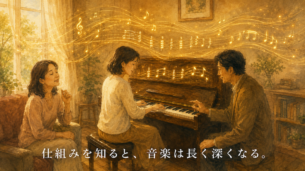 暖かな光の音楽室で、大人の生徒が一台のアップライトピアノの前に座り、簡単なコードと短いメロディの響きに耳を澄ませている水彩アニメ風イラスト。鍵盤の上には黄金の音の糸が浮かび、音程、コードの動き、リズム、声の響きが少しずつ見えてくるように表現されている。下部中央に「仕組みを知ると、音楽は長く深くなる。」という白い文字が入っている。