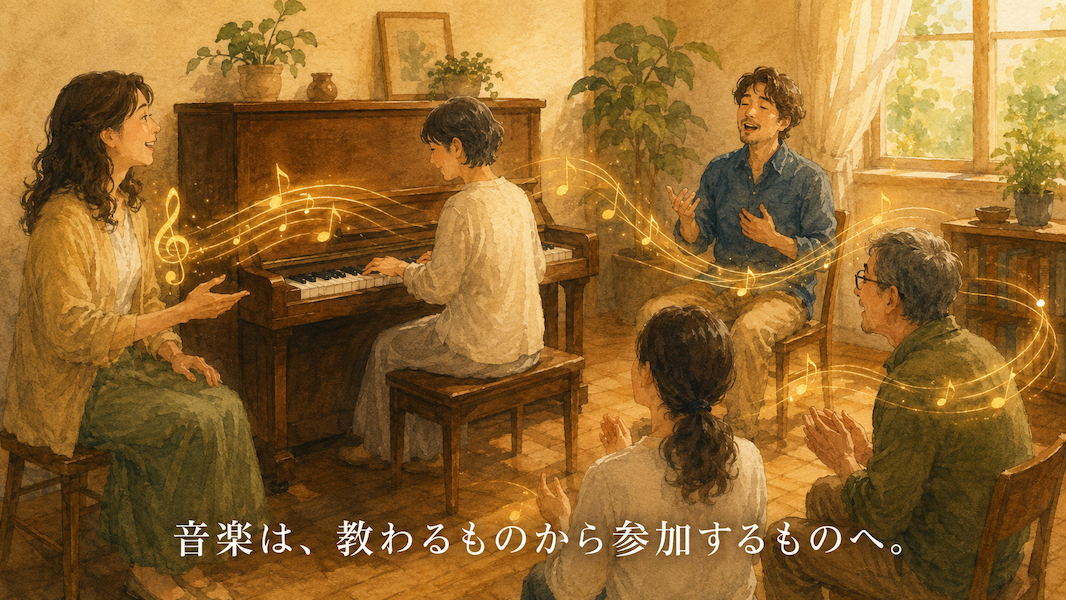 暖かな光の音楽室で、年齢の異なる大人たちが一台のアップライトピアノを囲み、講師から一方的に教わるのではなく、音を聴き合いながらレッスンそのものに参加している水彩アニメ風イラスト。講師、生徒、歌う人、聴く人のあいだを黄金の音の糸がつなぎ、下部中央に「音楽は、教わるものから参加するものへ。」という白い文字が入っている。 タイトル Title