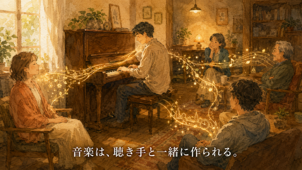 暖かな光の部屋で、大人の男性が一台のアップライトピアノを弾き、近くで聴く数人の大人たち一人ひとりに語りかけるように音を届けている水彩アニメ風イラスト。ピアノから伸びる黄金の音の糸が聴き手それぞれの胸元へ届き、その人ごとに少し違う形へ変化している。下部中央に「音楽は、聴き手と一緒に作られる。」という白い文字が入っている。