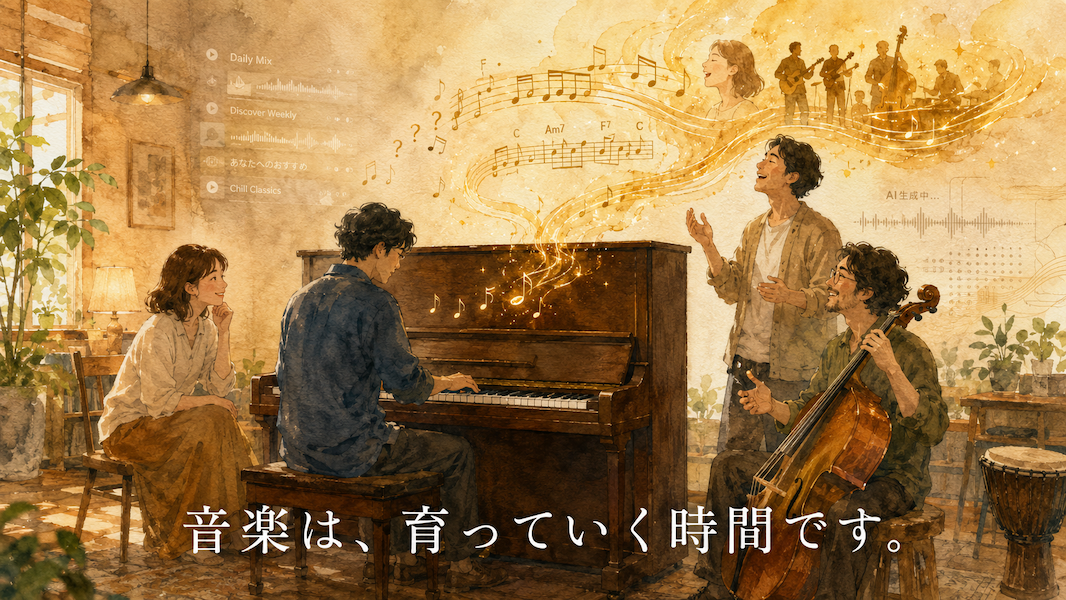 暖かな光の音楽室で、大人の生徒が一台のアップライトピアノの前に座り、まだ完成していない小さな音楽のアイデアを試している水彩アニメ風イラスト。講師や周囲の大人たちが静かに聴き、鍵盤の上では黄金の音が短いフレーズ、コード進行、歌の旋律、アンサンブルの響きへ少しずつ育っている。背景にはサブスクやAIの波形を思わせる淡い模様が温かな音の糸へ溶け、下部中央に「音楽は、育っていく時間です。」という白い文字が入っている。