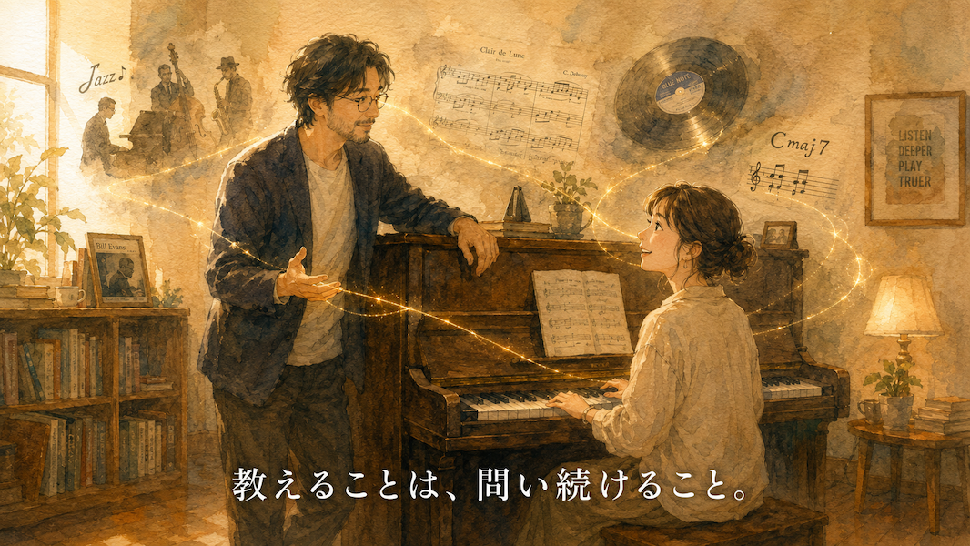 暖かな光の部屋で、先生がピアノに手を添えながら生徒に語りかける水彩アニメ風イラスト。二人の間を黄金の光が繋ぎ、周囲にジャズ・クラシック・ポップスなど様々な音楽のシンボルが漂い、下部中央に「教えることは、問い続けること。」の白いテキスト。