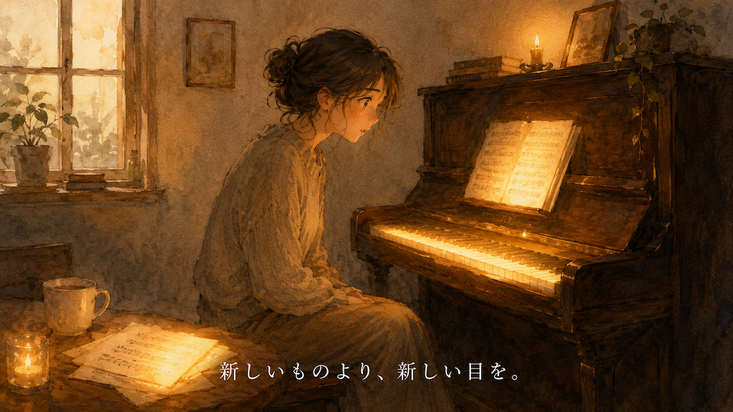 暖かな光の部屋で、女性がピアノの前に座り、見慣れたはずの鍵盤を初めて見るような驚きの表情で見つめる水彩アニメ風イラスト。周囲の日常的なものから淡い光が放たれ、下部中央に「新しいものより、新しい目を。」の白いテキスト。