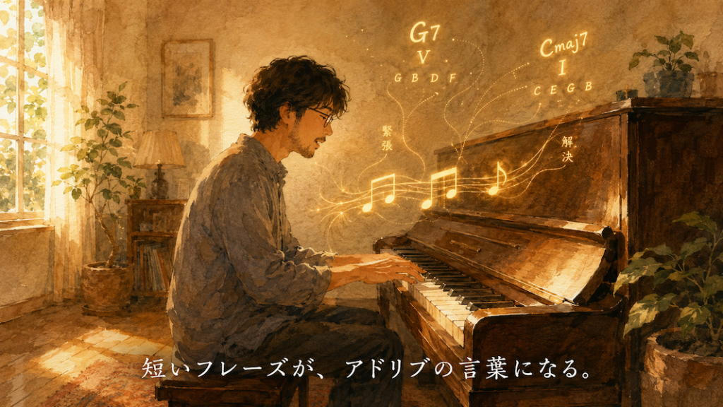 暖かな光の部屋で、大人の男性が一台のアップライトピアノの前に座り、短いジャズのアドリブフレーズを何度も練習している水彩アニメ風イラスト。鍵盤の上には3音から4音ほどの黄金の短いフレーズが浮かび、Dm7、G7、Cmaj7やII、V、Iの淡い記号とつながっている。男性はそのフレーズを口ずさむように練習しており、下部中央に「短いフレーズが、アドリブの言葉になる。」という白い文字が入っている。