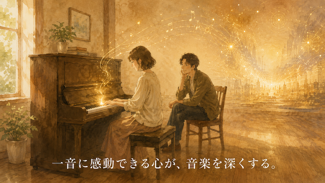暖かな光の音楽室で、大人の生徒が一台のアップライトピアノの前に座り、一つの音と短いフレーズの響きに耳を澄ませている水彩アニメ風イラスト。鍵盤から小さな黄金の光が立ち上がり、派手な音の火花や複雑な模様は背景で淡く消え、シンプルな音の美しさが部屋に静かに広がっている。下部中央に「一音に感動できる心が、音楽を深くする。」という白い文字が入っている。