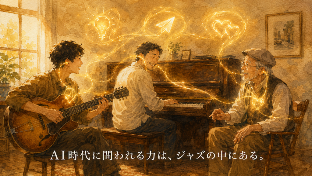 暖かな光の部屋で、異なる世代の人たちがジャズセッションを楽しみ、彼らを繋ぐ黄金の光が発想・行動・共感を象徴する三つの光へと立ち上る水彩アニメ風イラスト。下部中央に「AI時代に問われる力は、ジャズの中にある。」の白いテキスト。