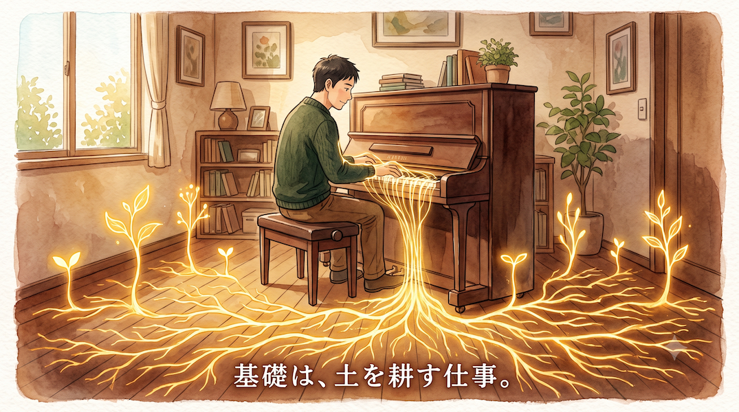 暖かな光の部屋で、男性が落ち着いた表情で基礎練習をする水彩アニメ風イラスト。手から流れる光が床下に広がって黄金の根の層をつくり、そこから形の異なる複数の若い芽が立ちのぼる。下部中央に「基礎は、土を耕す仕事。」の白いテキスト。